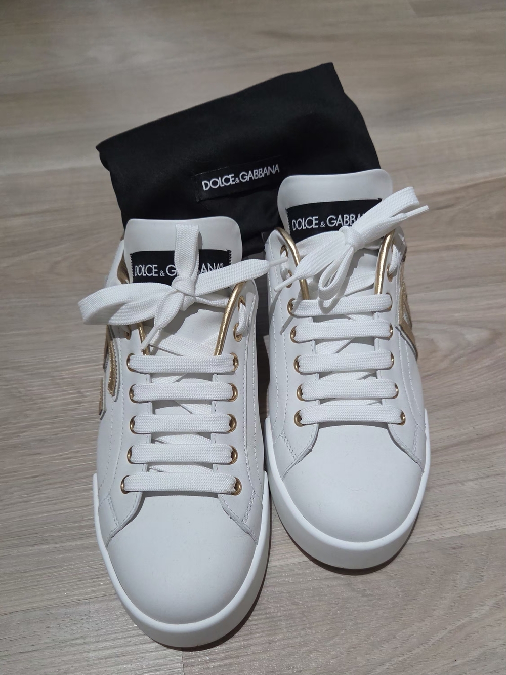 Dolce & Gabbana White Leather Sneakers with Gold Hardware